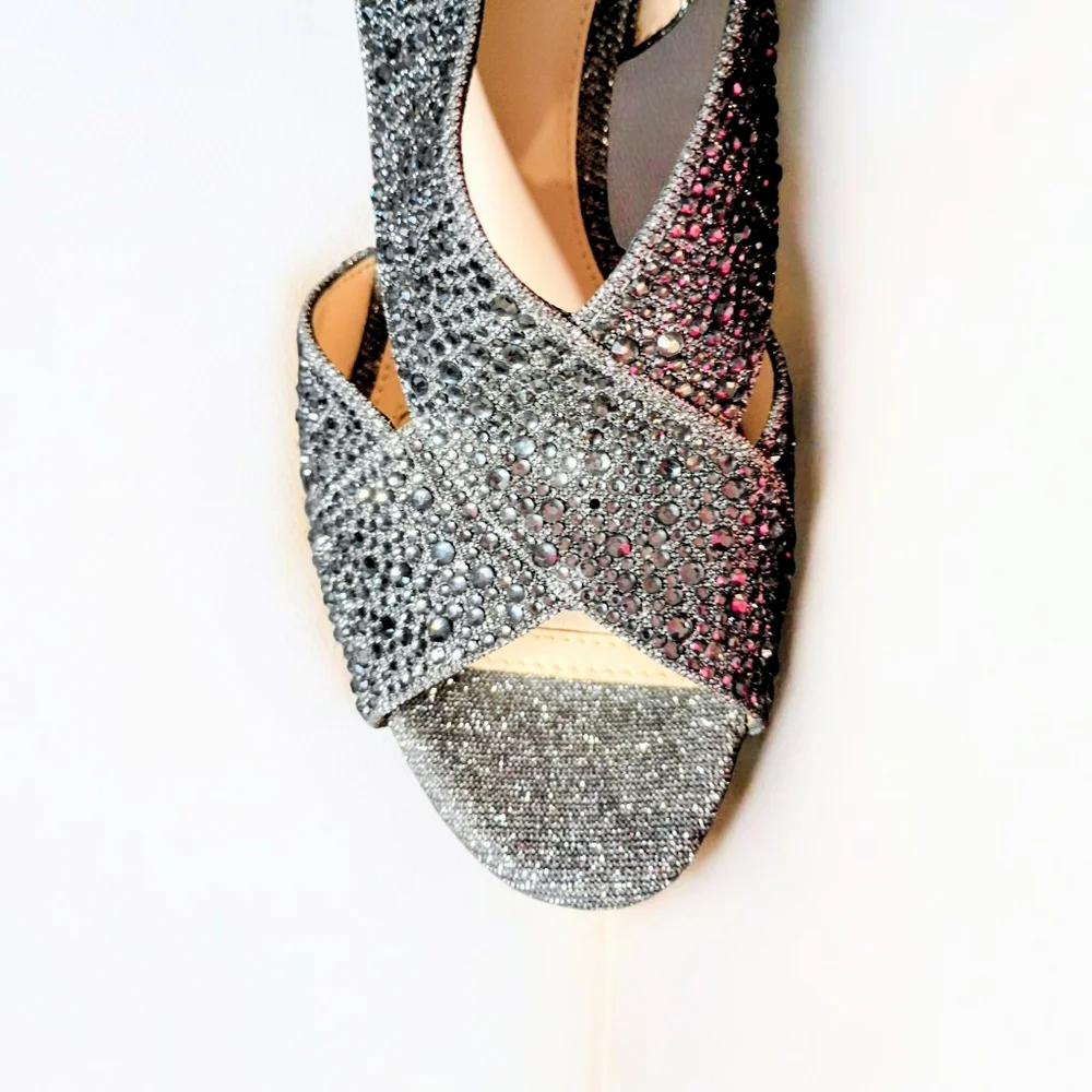 Alex Marie Silver Rhinestone Heels – Luxe Glam Elegant Slingback Open Toe 7.5 - Picture 5 of 10